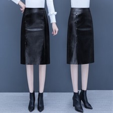 Donna PU Ecopelle Midi Matita Mezzo Abito Spacco Laterale Elegante Nero