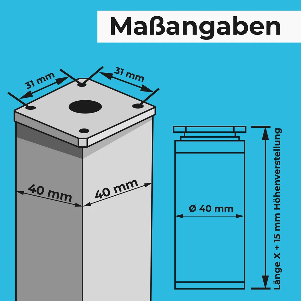 Möbelfuß 4er SET Möbelfüße 40 x 40 mm Chrom matt 60-180 mm Sockelfuß Fuß Schrank - Bild 3 von 4
