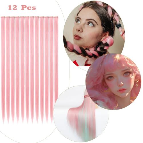12 PCS Hair Extensions Clip in, 22" Colored Hair Extensions, Highlights Pink - Picture 6 of 7