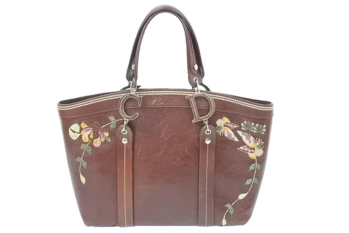 Vintage CHRISTIAN DIOR Tote Shoulder Bag Floral Embroidery Brown