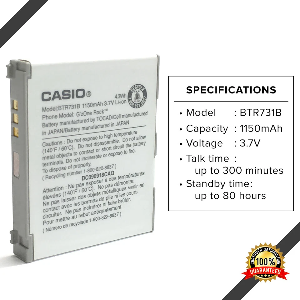 Batería OEM Casio BTR731B para teléfono G'zOne Rock C731 C751 BTR751B BTR751 BTR731 Foto 4 de 4