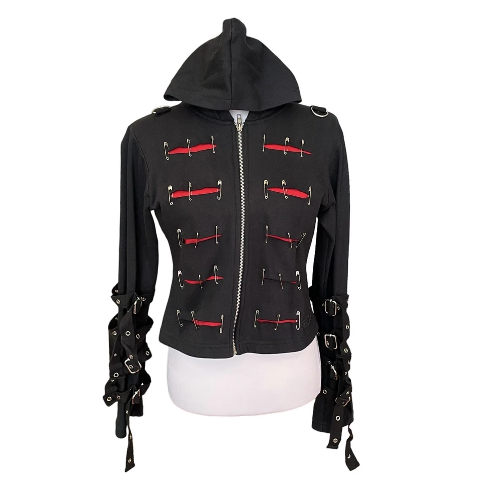 Винтажный SDL Y2K безопасности заколка толстовка с капюшоном черный красный готический панк пряжка куртка подростков L - Изображение 4 из 4