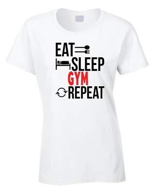 Damen Fitnessstudio T-Shirt Essen Schlafen Wiederholen Geschenk Geburtstag Übung Fit halten Laufen