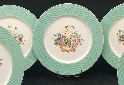 5 ASSIETTES PLATES PAGNOSSIN 9102 FAIENCE TREVISO ITALY FAUSSE VANNERIE D27 VERT - Picture 5 of 6