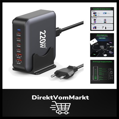 USB C Ladegerät Mehrfach, 220W 6-Port Ladestation【4 USB C+2 USB A】 Hub Schnel...