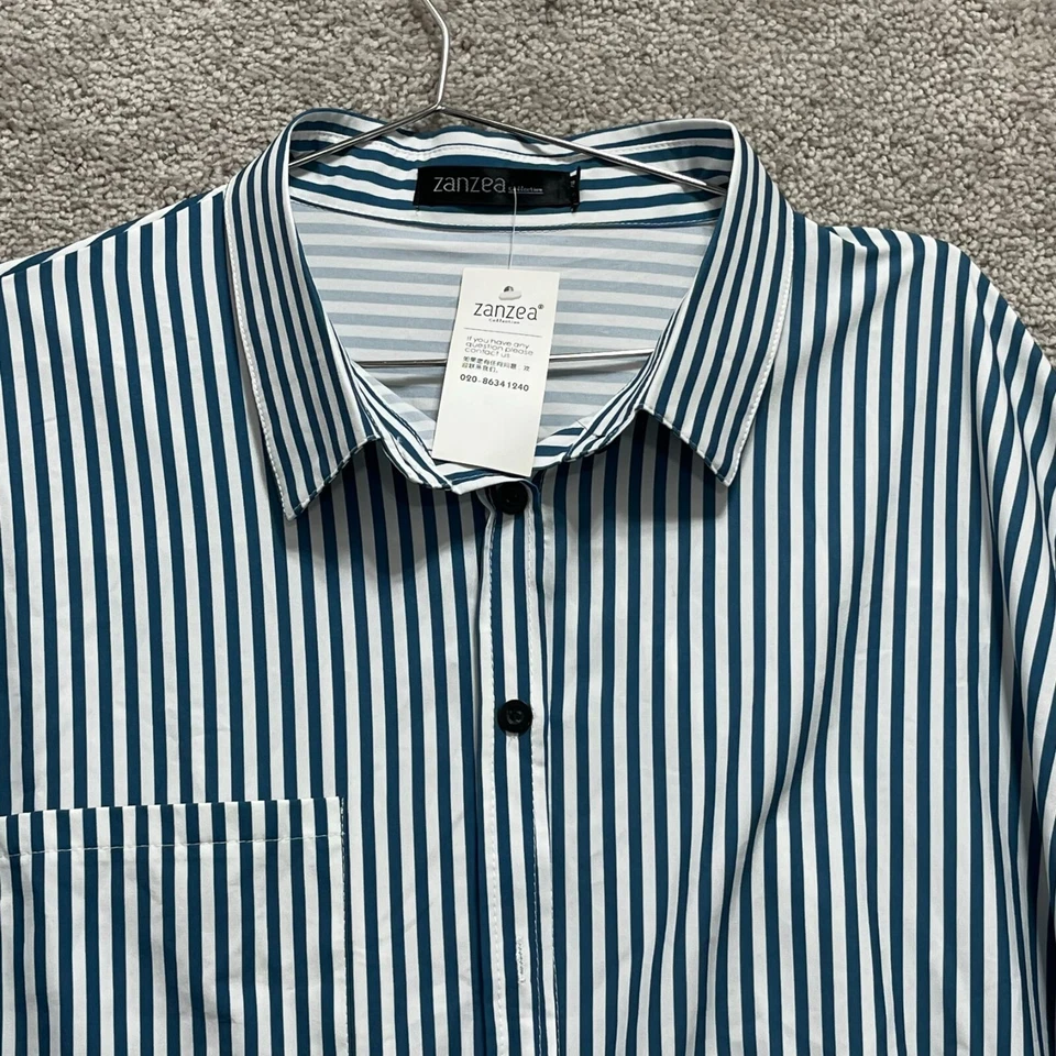 Camisa Top Zanzea Mujer 24 Azul Blanco Rayas Abotonada Carrera Clásica Elegante Foto 2 de 4