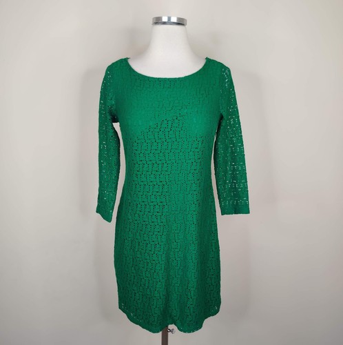 Banana Republic Green Geometric Lace Dress 3/4 Sleeve Sheath 2 Petite Womens