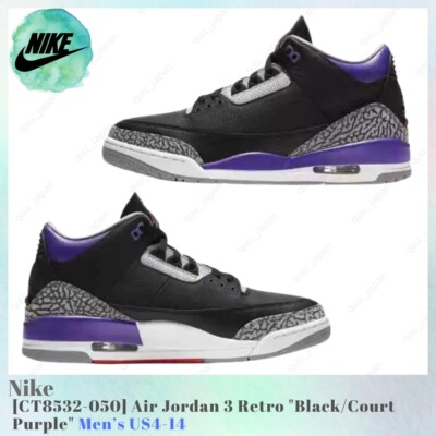 シューズ(男性用) Nike AirJordan3 Retro Black/Court Purple Nike Air Jordan 3 Retro Black Court Purple Size 9. CT8532