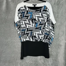Alfani Womens Top 16 XL Black White Geometric Short Sleeve Scoop Neck Poncho