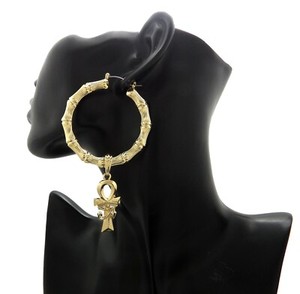 Authentic New Egyptian Ankh Dangling Pincatch Bamboo Earrings Gold Plated