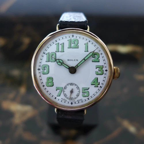 BEAUTIFUL GENTS WW1 1916-17 BRITISH MILITARY ROLEX TRENCH OFFICERS WATCH 9K GOLD