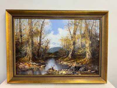 Vintage Oil Painting on Canvas Forest Lake Scene Signed by Artist Framed