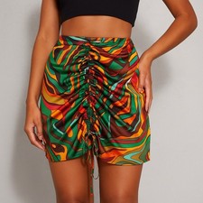 PrettyLittleThing Ruched Mini Skirt Women Size 8 Satin Abstract Print