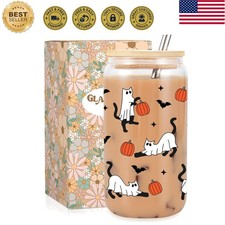 Halloween Ghost Cat Iced Coffee Cup, Halloween Cat Pumpkin Cup