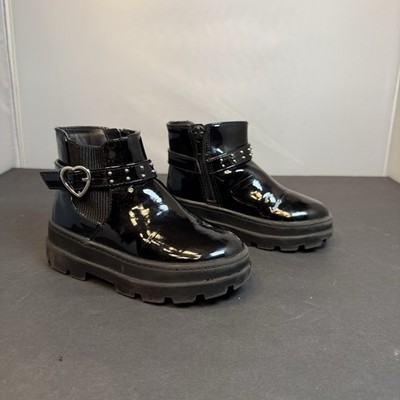 Girls Sugar Black Patent Ankle Boots Heart Buckle Chunky Sole Toddler Size 8