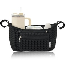 Stroller Organizer, Universal Fit, Quilted Nylon, Detachable Bag, Black