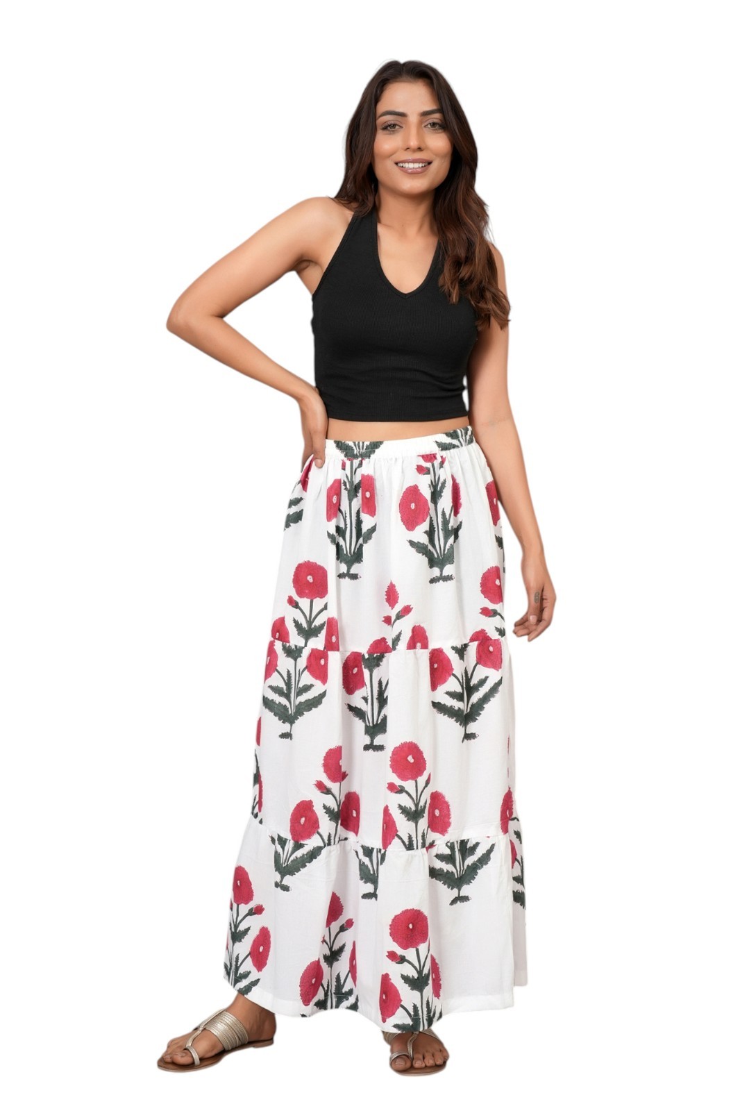 Women Floral Block Print Cotton Maxi Skirt Boho Flowy Long Skirt Elastic Waist