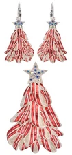 Kirks Folly Ribbon Candy Cane Pin Pendant & Earring Set silvertone