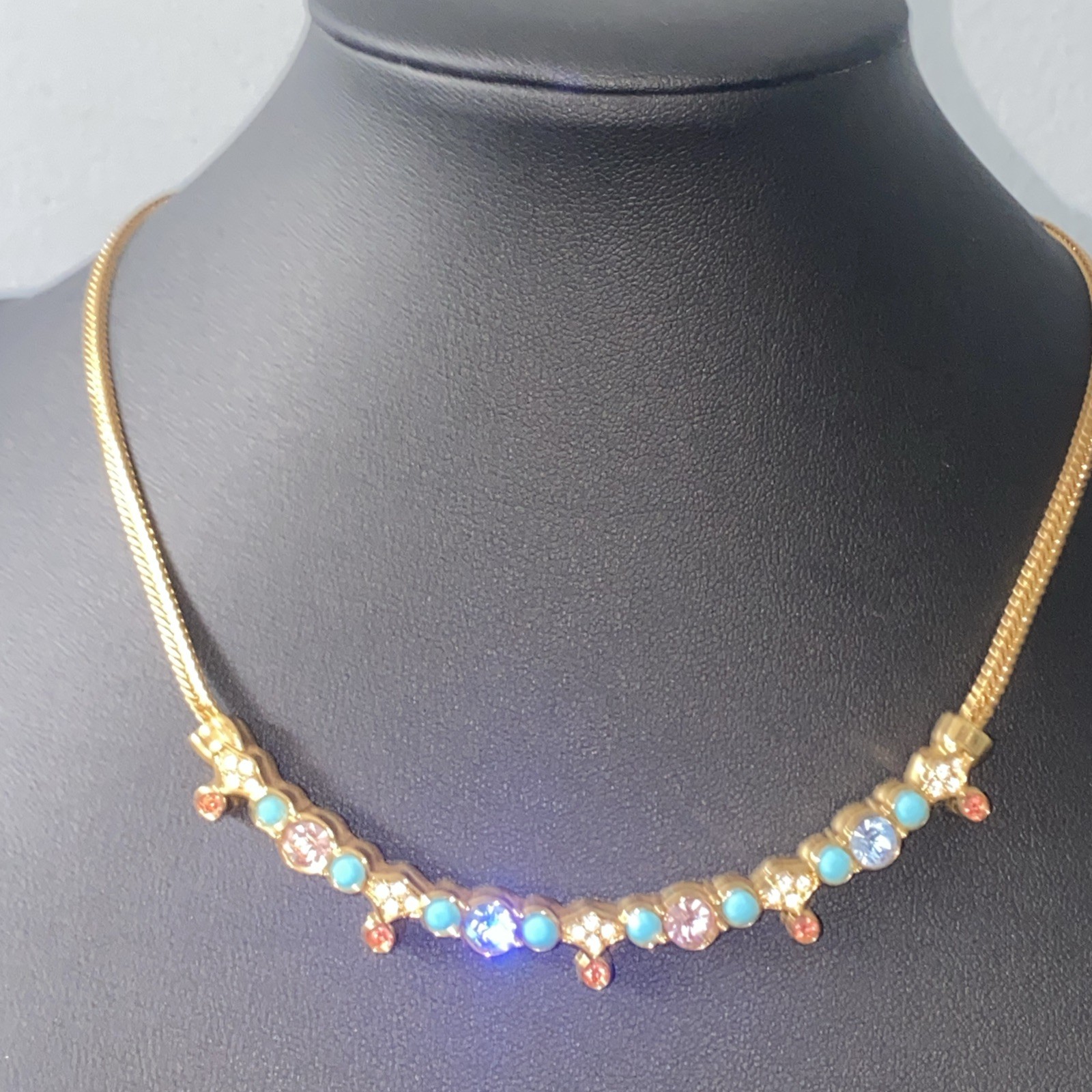 Vintage signed Swarovski Necklace Gold Tone Herringbone 15” Crystal Choker