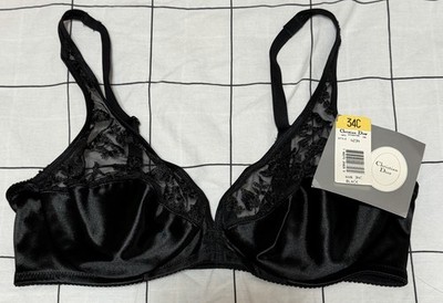 Christian Dior Intimates Black Satin Lace Logo Underwire Bra 34C Sexy NWT