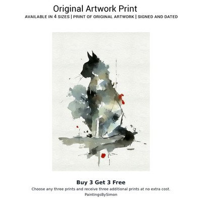 Black Cat Silhouette 5''x7'' Druck auf mattem Papier | Minimalistische Tinte und Waschkunst