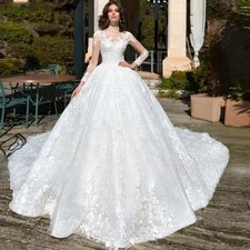 Elegant White Crewneck Tulle Long Sleeve Decal Beaded Bridal Maxi Wedding Dress