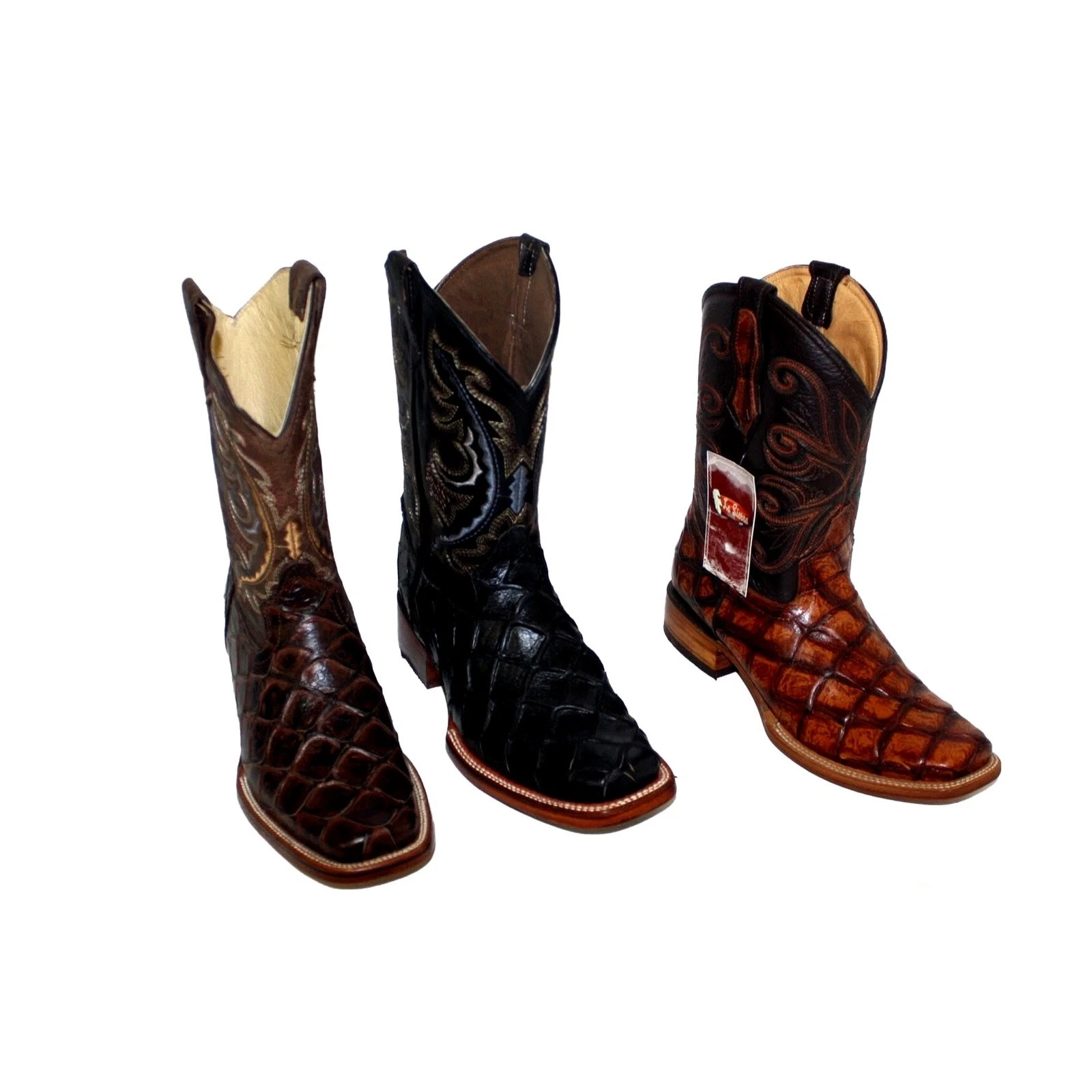 Men’s Genuine Cowhide Fish Print Cowboy Boots – Square Toe, Handmade