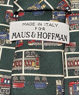 Maus & Hoffman Silk Train Necktie Green Caboose Holiday Theme