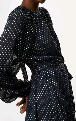 M&S Collection Navy Silver Foil Polka Dot Midaxi Tea Dress Size 14 16 Occasional