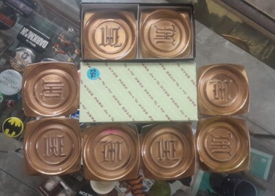 Vintage Monogrammed Hyde Park Brass Coaster Ashtray Barware Set of 8