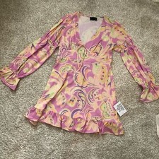 New ASOS elasticated sleeve tie neck mini dress in pink floral print, size US 8