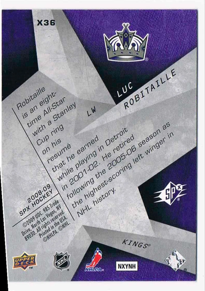 2008-09 SPX  SPXCITEMENT LUC ROBITAILLE 509/999 LOS ANGELES KINGS #X36 - Image 2 of 2
