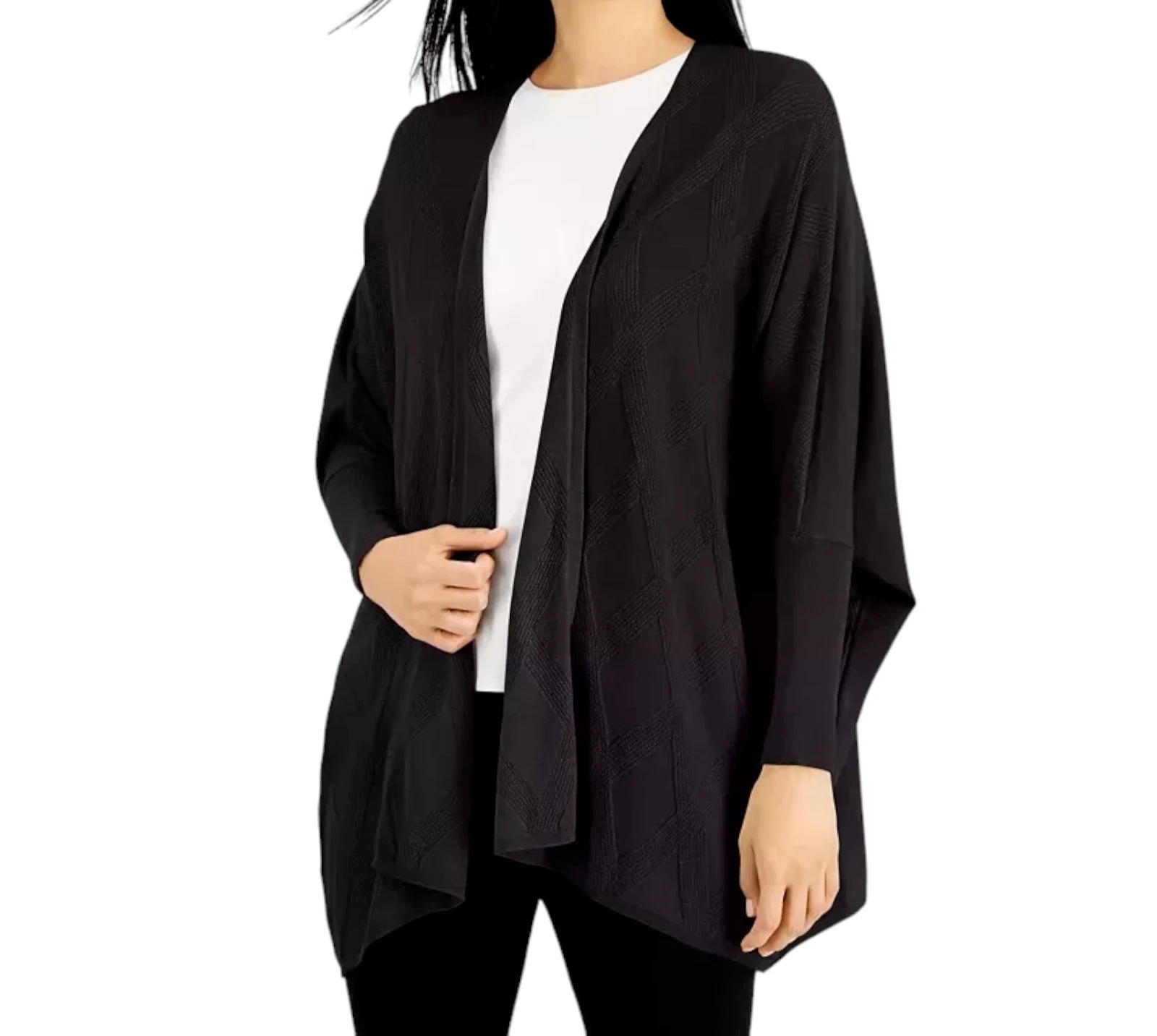 Alfani Poncho Sweater Womens Size Large Black Diamond Knit Open Front New