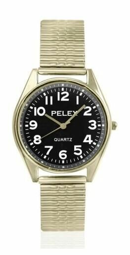 Gents Watch, Gold Expander Bracelet With Black Easy Read Dial Pelex PLX-028