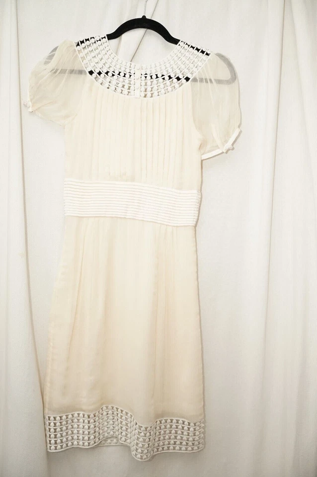 Vestido Catherine Malandrino Talla 2 Mujer Marfil Seda Fiesta Mangas Cortas Noche  Foto 2 de 4