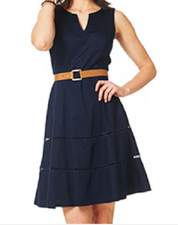 Nine West Solid Navy Belted Stretch Cotton Fit & Flare Dress w/Cut-out Skirt