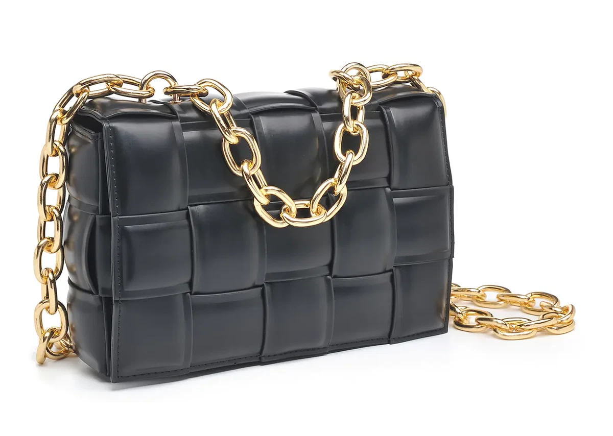 Black Quilted Leather-Look Chain Strap Cross Body Bag