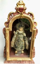 Volkskunst Klosterarbeit Prager Jesulein Wachs ~1800 barocker Schrein Holz-Kastl