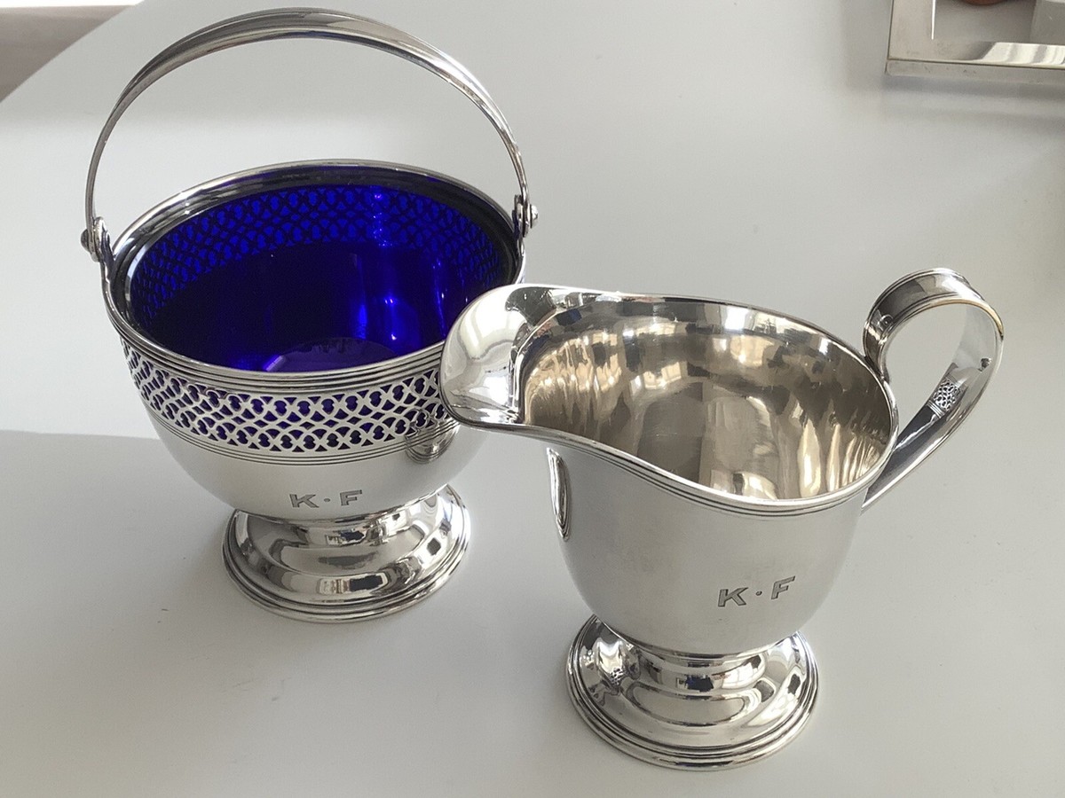 Tiffany & Co. Antique Sterling Silver Cobalt Blue Sugar Bowl