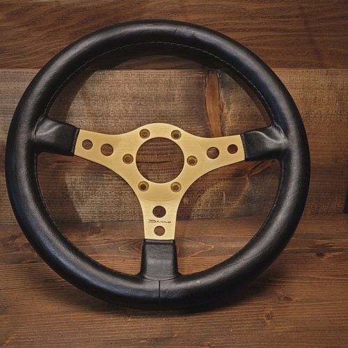 Vtg Dino Racing Steering Wheel Italy Nuova Raid Gold Tone Alloy & Black Leather