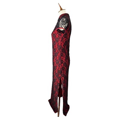 90s asian dress VTG Inspired Women's Med Red-All Over Black Lace Evening Fikoo going out dresses