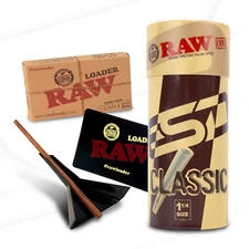 RAW Cone Loader Bundle with 50 Classic 1-1/4 Size Pre Rolled Cones