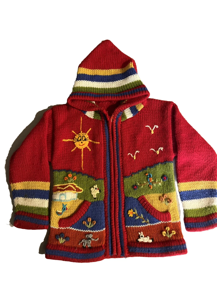 El Condor Girl Kids Red Colorful Full Zip Hooded Cardigan Sweater Made in Peru