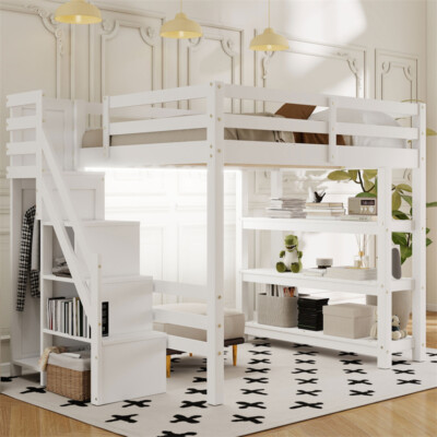 Full Size Loft Bed w/Storage Staircase,Shelves,Small Wardrobe & LED Light,White