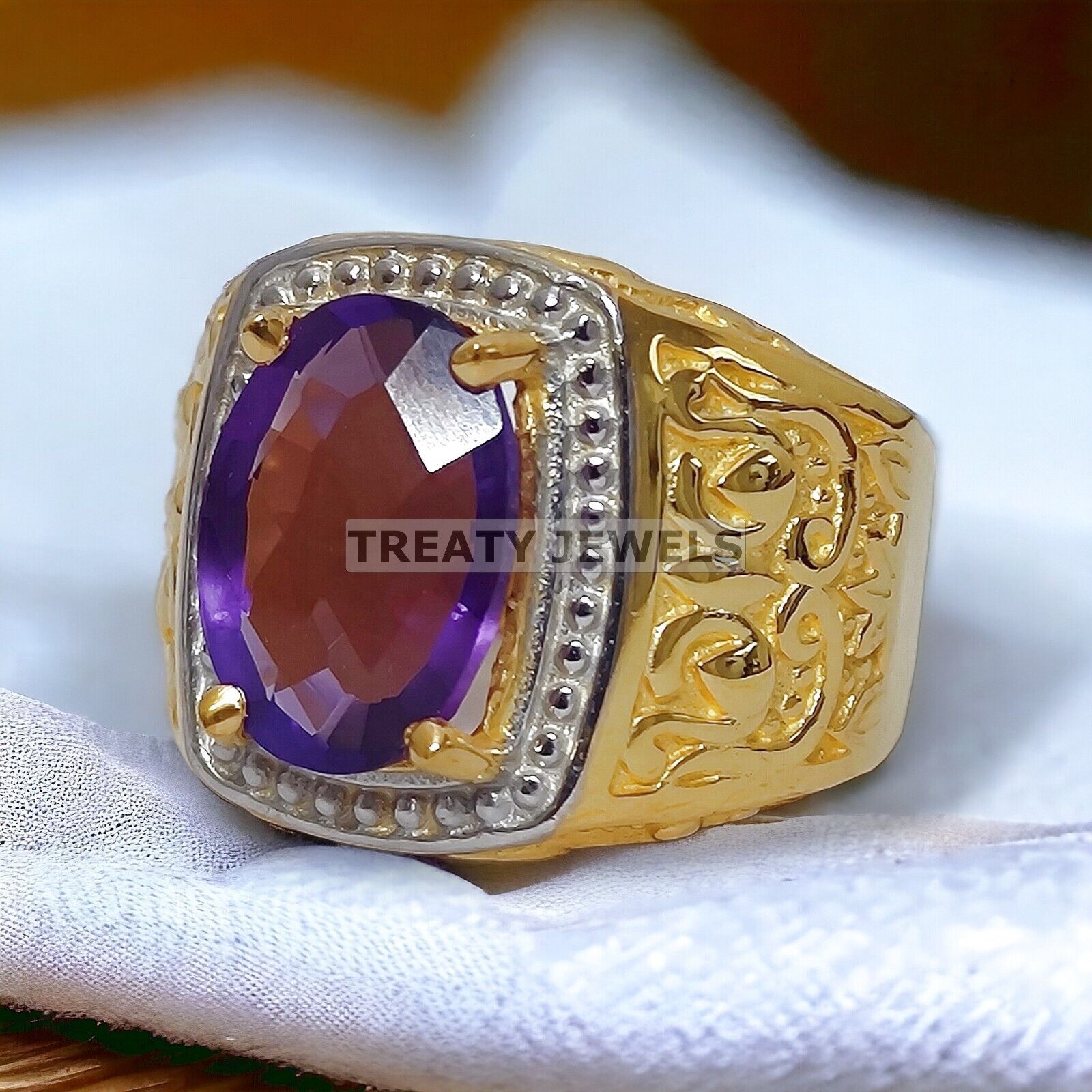 Amethyst Oval Cut With 925 Sterling Silver  Gold Plated Ring For Men's #101 *
