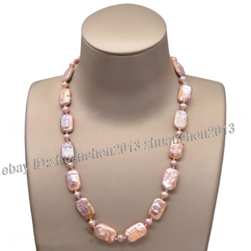 15x20mm Natural Pink Purple Colorful Baroque Rectangle Pearl Necklace 18"20"-36" - Picture 2 of 2