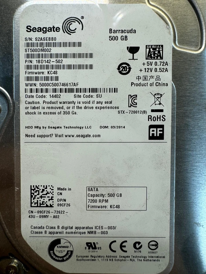 DELL 9CF26 ST500DM002 1BD142-502 500GB 7.2K Firmware KC48 Date Code 14402 3.5" - Image 2 of 4