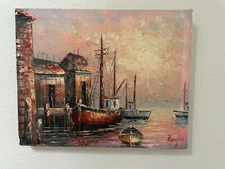Oil painting of a boat harbor by Banglis
