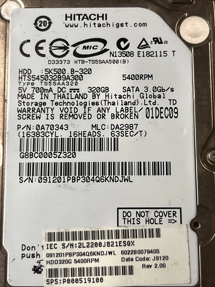 Hitachi 0A70421 HTS545016B9A300 160GB Аnd 320 GB OA70343 5.4k SATA 3Gbps - Image 4 of 4