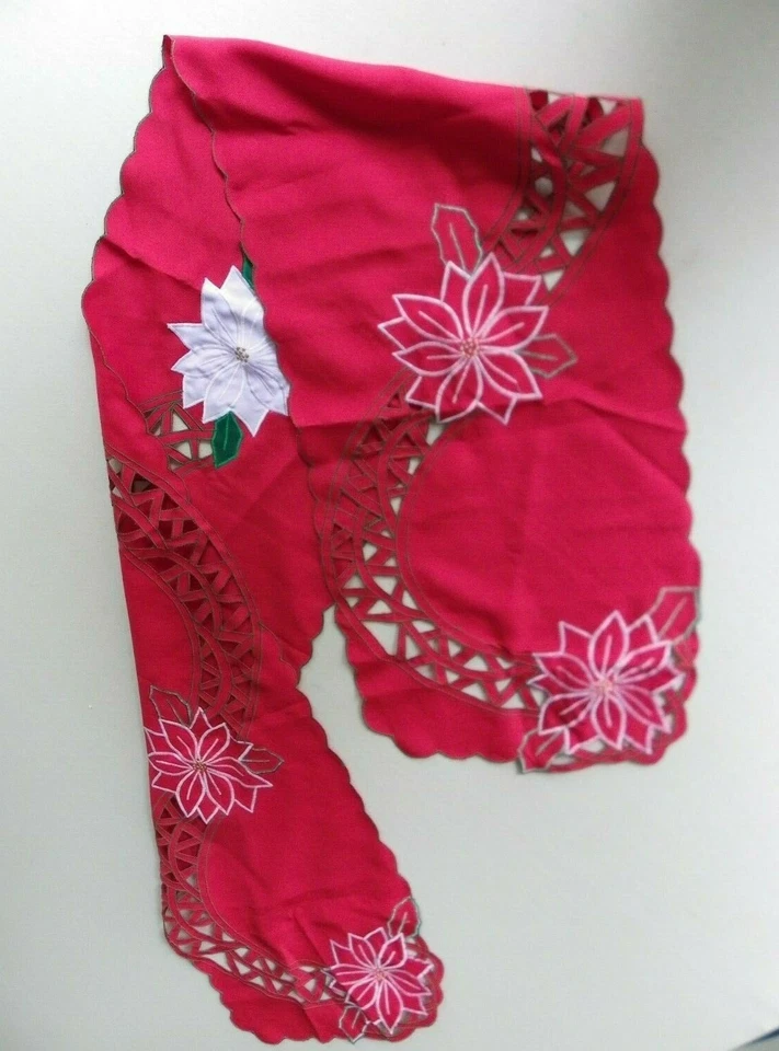 Christmas Embroidered Table Runner & 8 Napkins Red W/White Poinsettias 70" x 13 - Image 4 of 4